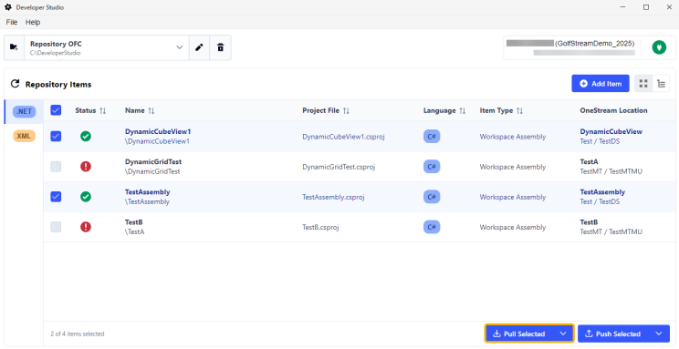 Two items are selected in the grid and the Pull Selected button is outlined